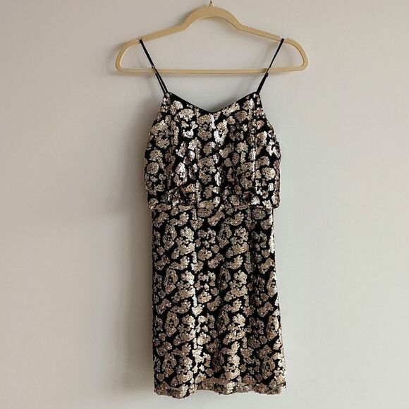 Women's Mini Dress Spaghetti Strap Rose Gold Sequined Blouson Fitted Small - Picture 1 of 7